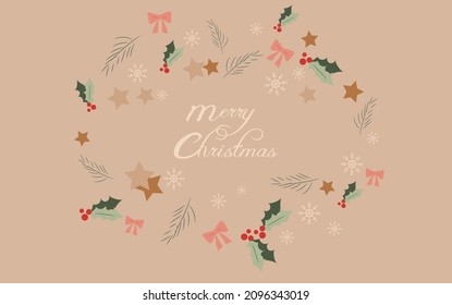 Happy holidays. Typography poster for design Merry christmas and New Year cards. Christmas background, illustration of a festive decorations bows, stars, snowflakes, mistletoe, tree.