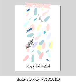 Happy Holidays Unusual Artistic Trendy Card. Creative hand drawn textures. Contemporary art. Cute design for greeting card, invitations, covers, posters, headers, banners, postcards