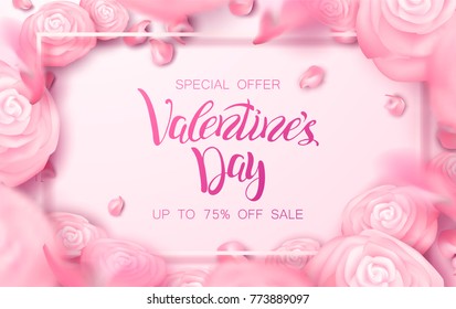 Happy holidays: Valentines day 14 february, Mothers or Womens day 8 march background with roses, red flowers. 3d Vector illustration, paper art. Romantic Wallpaper, wedding design for flyers, banners.