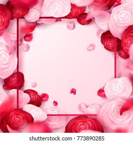Happy holidays: Valentines day 14 february, Mothers or Womens day 8 march background with roses, red flowers. 3d Vector illustration, paper art. Romantic Wallpaper, wedding design for flyers, banners.