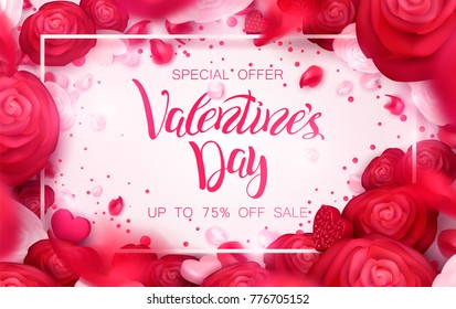 Happy holidays: Valentines day 14 february, Mothers or Womens day 8 march background with roses, red flowers. 3d Vector illustration, paper art. Romantic Wallpaper, wedding design for flyers, banners.