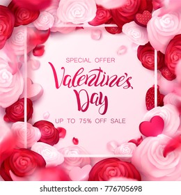 Happy holidays: Valentines day 14 february, Mothers or Womens day 8 march background with roses, red flowers. 3d Vector illustration, paper art. Romantic Wallpaper, wedding design for flyers, banners.