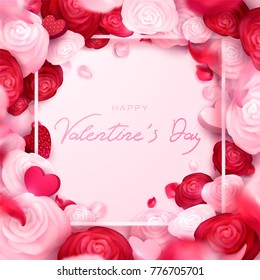 Happy holidays: Valentines day 14 february, Mothers or Womens day 8 march background with roses, red flowers. 3d Vector illustration, paper art. Romantic Wallpaper, wedding design for flyers, banners.