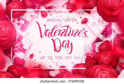 Happy holidays: Valentines day 14 february, Mothers or Womens day 8 march background with roses, gifts and hearts. 3d Vector illustration. Romantic Wallpaper, wedding design for flyers, banners.