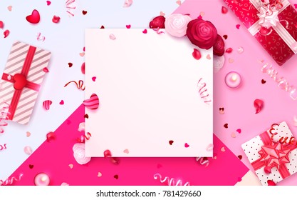 Happy holidays: Valentines day 14 february, Mothers or Womens day 8 march background with roses, gifts and hearts. 3d Vector illustration. Romantic Wallpaper, wedding design for flyers, banners.