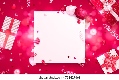 Happy holidays: Valentines day 14 february, Mothers or Womens day 8 march background with roses, gifts and hearts. 3d Vector illustration. Romantic Wallpaper, wedding design for flyers, banners.