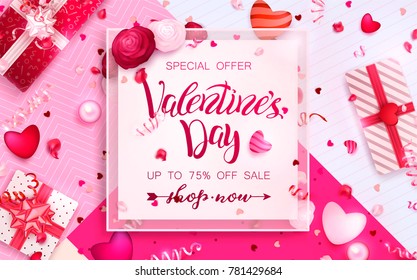 Happy holidays: Valentines day 14 february, Mothers or Womens day 8 march background with roses, gifts and hearts. 3d Vector illustration. Romantic Wallpaper, wedding design for flyers, banners.