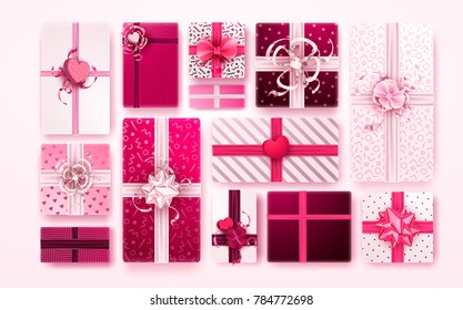 Happy holidays: Valentines day 14 february, Mothers or Womens day 8 march background with roses, gifts and hearts. 3d Vector illustration. Romantic Wallpaper, wedding design for flyers, banners.