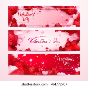 Happy holidays: Valentines day 14 february, Mothers or Womens day 8 march background with roses, red flowers. 3d Vector illustration, paper art. Romantic Wallpaper, wedding design for flyers, banners.