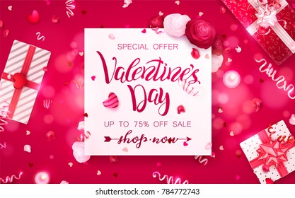 Happy holidays: Valentines day 14 february, Mothers or Womens day 8 march background with roses, gifts and hearts. 3d Vector illustration. Romantic Wallpaper, wedding design for flyers, banners.
