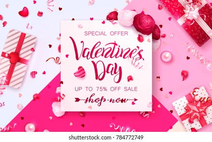 Happy holidays: Valentines day 14 february, Mothers or Womens day 8 march background with roses, gifts and hearts. 3d Vector illustration. Romantic Wallpaper, wedding design for flyers, banners.