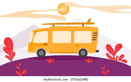 Happy holidays, A van that runs on a natural road, a leisure travel concept.  Flat style vector illustration for content  Vacation, Travel, Relaxation Lifestyle, Happiness