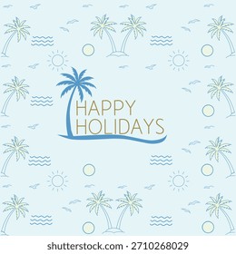 Happy holidays vector background with coconut tree, moon, sun, waves and seagulls design