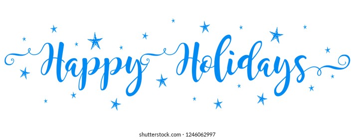 Happy Holidays vector brush calligraphy banner with stars snowflakes blue color