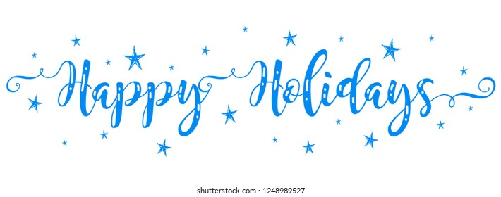 Happy Holidays vector brush calligraphy banner with stars snowflakes blue color