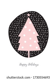 Happy Holidays Vector Card. Light Pink Christmas Tree Isolated on Black Background. Winter Illustration with Cute Freehand Xmas Tree in a Black Frame. Funny Nursery Hand Drawn Christmas Art.