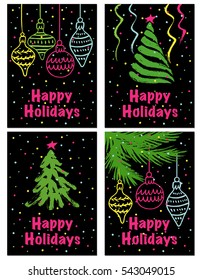 Happy Holidays vector cards set. Hand drawn Christmas card elements.