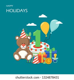 Happy holidays vector flat illustration. Birthday cake with number one, teddy bear, party hats, balloons, gift boxes, baby dummy, dollar coin. First birthday greeting card, celebration poster, banner.