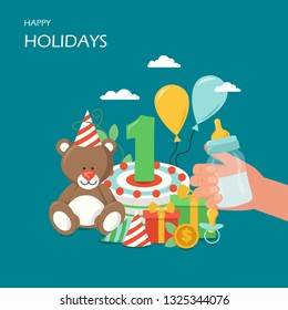 Happy holidays vector flat illustration. Hand holding baby milk bottle with nipple, birthday cake with number one, teddy bear, party hats, balloons, gift box. Greeting card, celebration poster, banner