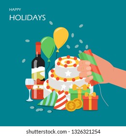 Happy holidays vector flat illustration. Hand holding party cracker or popper with confetti, holiday cake and hats, wine, gift box, balloons, dollar coins. Greeting card, celebration poster, banner.