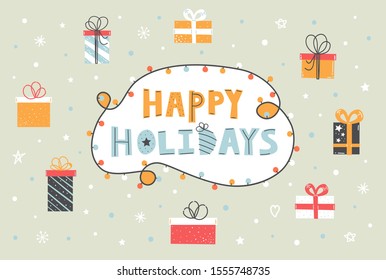 Happy Holidays vector flat lettering quote cartoon. Cute Christmas illustration. Sale, gift shop poster, web banner, flyer, greeting card. Colorful wrapped gift boxes
