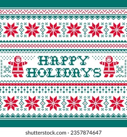 Happy Holidays vector greeting card pattern in red and greenbackground - Scandinavian knnitting, cross-stitch design.Nordic retro Xmas repetitive background with snowflakes, Eskimo grils, cute festive
