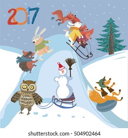 Happy holidays! Vector illustration. Cute forest animals slide down the mountain on a sled. Hare, funny squirrel, fox, hedgehog, owl, snowman.