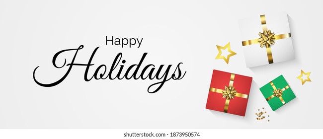Felices vacaciones ilustraciones vectoriales con caja de regalo decorativa y estrellas doradas sobre fondo blanco. Objetos 3D realistas.