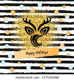 Happy Holidays vector illustration with Deer symbol. Deer as logo, badge, patch. Deer for invitation, greetings, party, Merry Christmas motive, winter holidays, birthday.