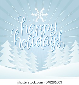 Feliz Ilustración vectorial de Días festivos. Texto con letras a mano con árboles y nieve sobre un fondo azul.