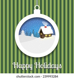 Happy Holidays vector illustration with paper christmas ball and winter landscape