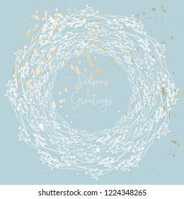 Happy Holidays Vector Illustration with White floral circle wreath on pastel grey blue marble gold texture. Cute design for greeting cards, wedding invitation, birthday, brochures, posters, postcards.
