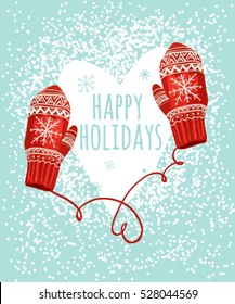 Happy Holidays vector text with red mittens. Holidays lettering for invitation and greeting card, prints and posters.