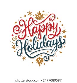 Happy holidays. Vector text with snowflakes on white background