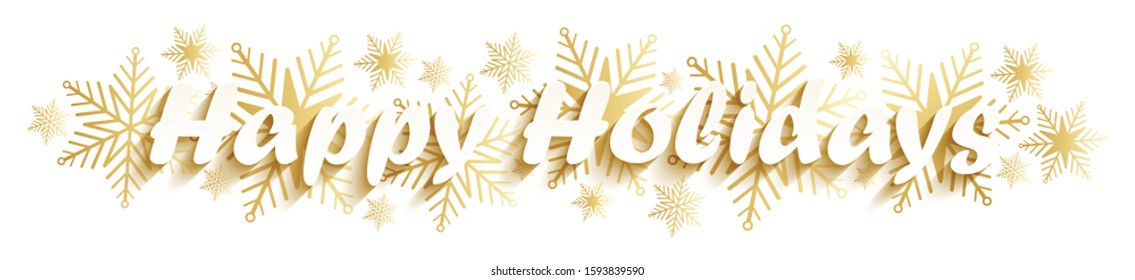 HAPPY HOLIDAYS vector typography banner on background of gold snowflakes