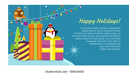 Happy holidays web banner. Merry Christmas and Happy New Year poster with owl on garland, snow, snowflakes, presents, gift boxes and xmas tree, penguin. Add congratulation text. Greeting card. Vector