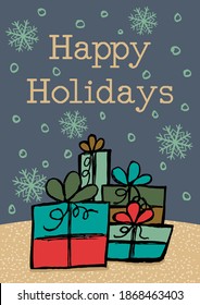 Happy Holidays Winter Festive Banner with Gift Boxes. Simple vector grunge card in gray, beige and blue colors