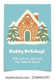 Happy holidays winter greeting card. Christmas postcard. Gingerbread house with icing on rooftop and decorated Christmas trees scene. New year leaflet with blue snowy background. Vector illustration.