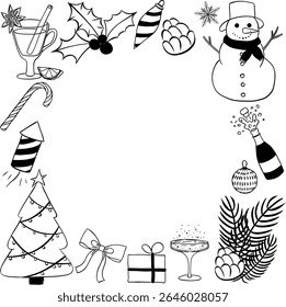 Happy Holidays Winter Holiday black and white Frame circle round template. Vector graphic line ink illustration. Christmas wreath. New Year For poster, flyer, banner, invitation, social media, party
