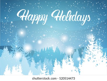 Happy Holidays Winter Mountain Forest Landscape Background, Pine Snow Trees Woods Flat Vector Illustration