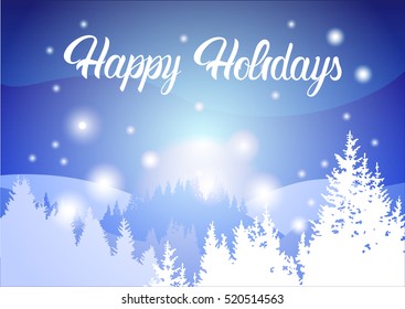 Happy Holidays Winter Mountain Forest Landscape Background, Pine Snow Trees Woods Flat Vector Illustration