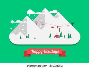 Happy Holidays. Winter poster with house in mountain landscape. Skiing. Firs. Snow. Winter atmosphere. Flat vector illustration.