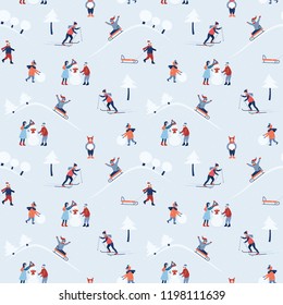 Happy holidays. Winter seamless pattern. Children walk outside. Winter and kids. Vector illustration in cartoon and flat style.