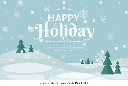  happy holidays winter theme banner poster design template. with background snowy landscape