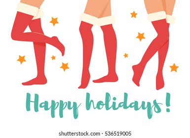 Happy holidays. Woman legs in Christmas socks. New year. Vector. Cartoon. Isolated. Flat.