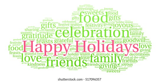 Happy Holidays word cloud on a white background. 
