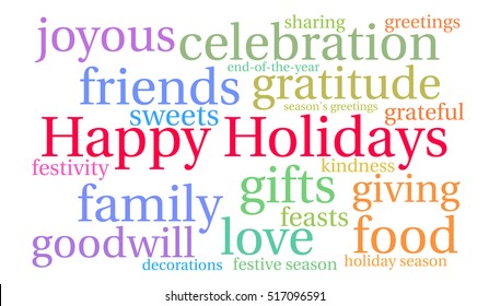Happy Holidays word cloud on a white background.