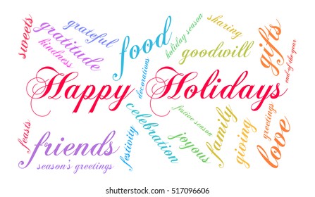 Happy Holidays word cloud on a white background.