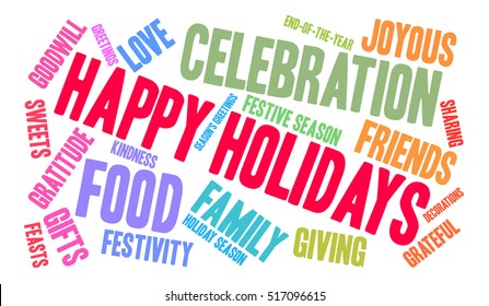 Happy Holidays word cloud on a white background.