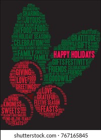 Happy Holidays word cloud on a black background. 